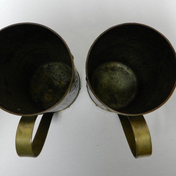 Aztec Mayan Calendar Vintage Brass Copper Mug Mexican Cup with Emblem Set 2 Pair - Picture 6 of 10